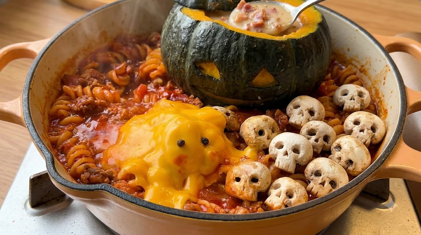 Pâtes Effrayantes d'Halloween au Bœuf et Tomate & Soupe à la Citrouille