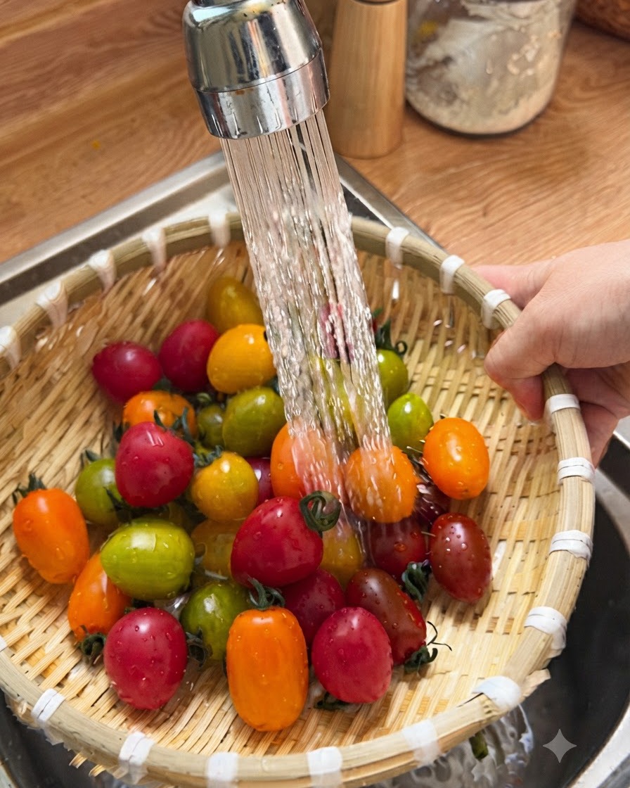 Une passoire en bambou remplie de tomates cerises multicolores rincées sous un robinet de cuisine.