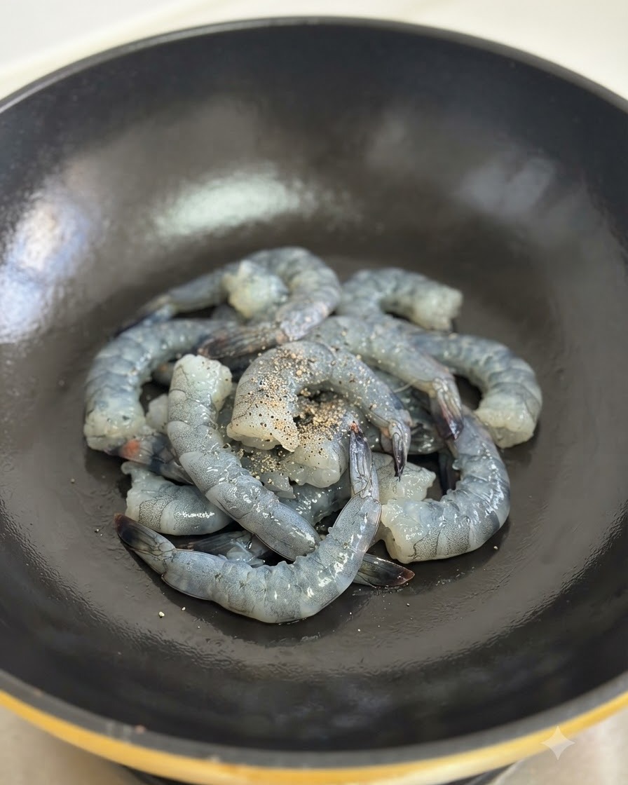 Crevettes crues assaisonnées de poivre noir en train de frire dans un wok noir.