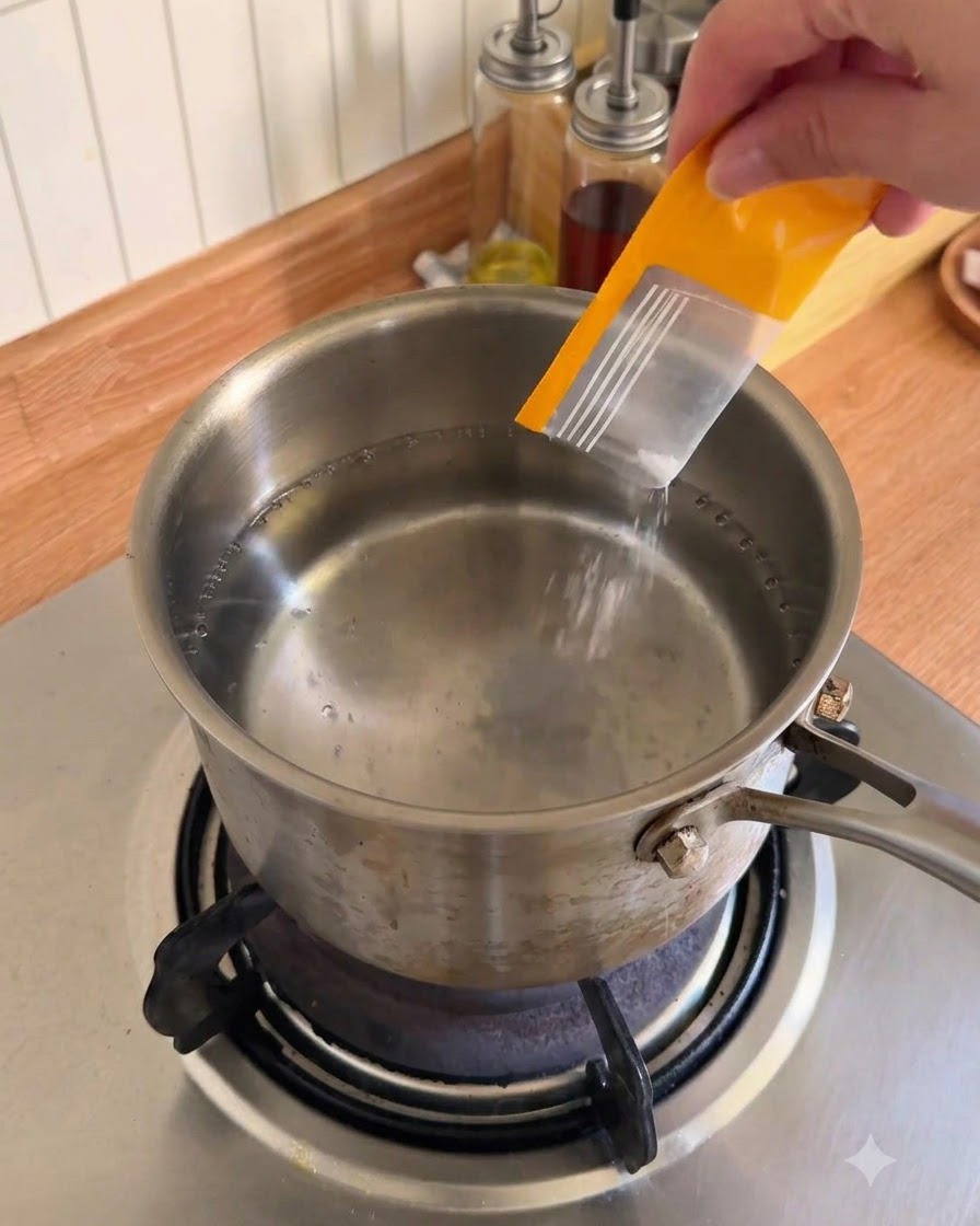Une main versant lassaisonnement et lhuile dun sachet jaune dans une casserole deau bouillante sur une cuisinière.