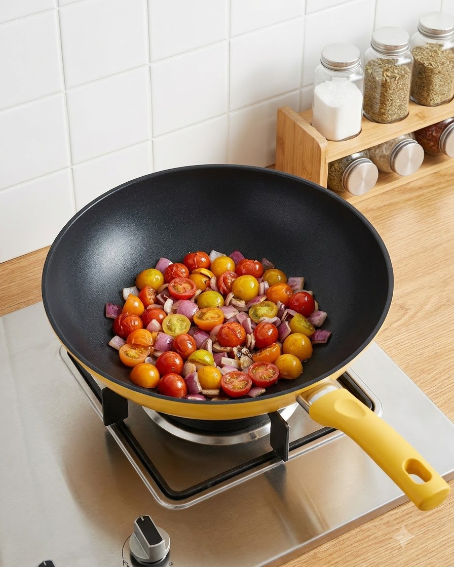 Tomates cerises coupées en deux versées dun bol blanc dans un wok avec des oignons sautés.