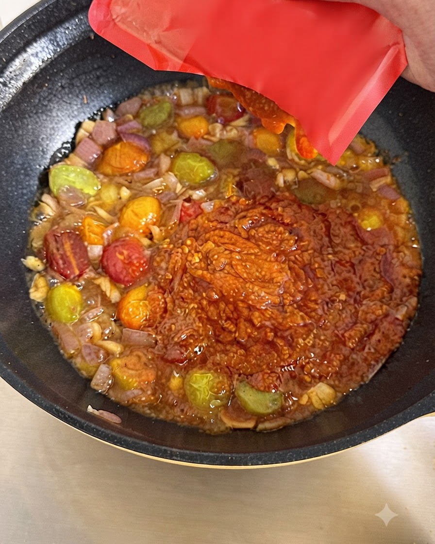 Sauce à la viande rouge pressée dun sachet dans un wok rempli de légumes mijotés et de bouillon.