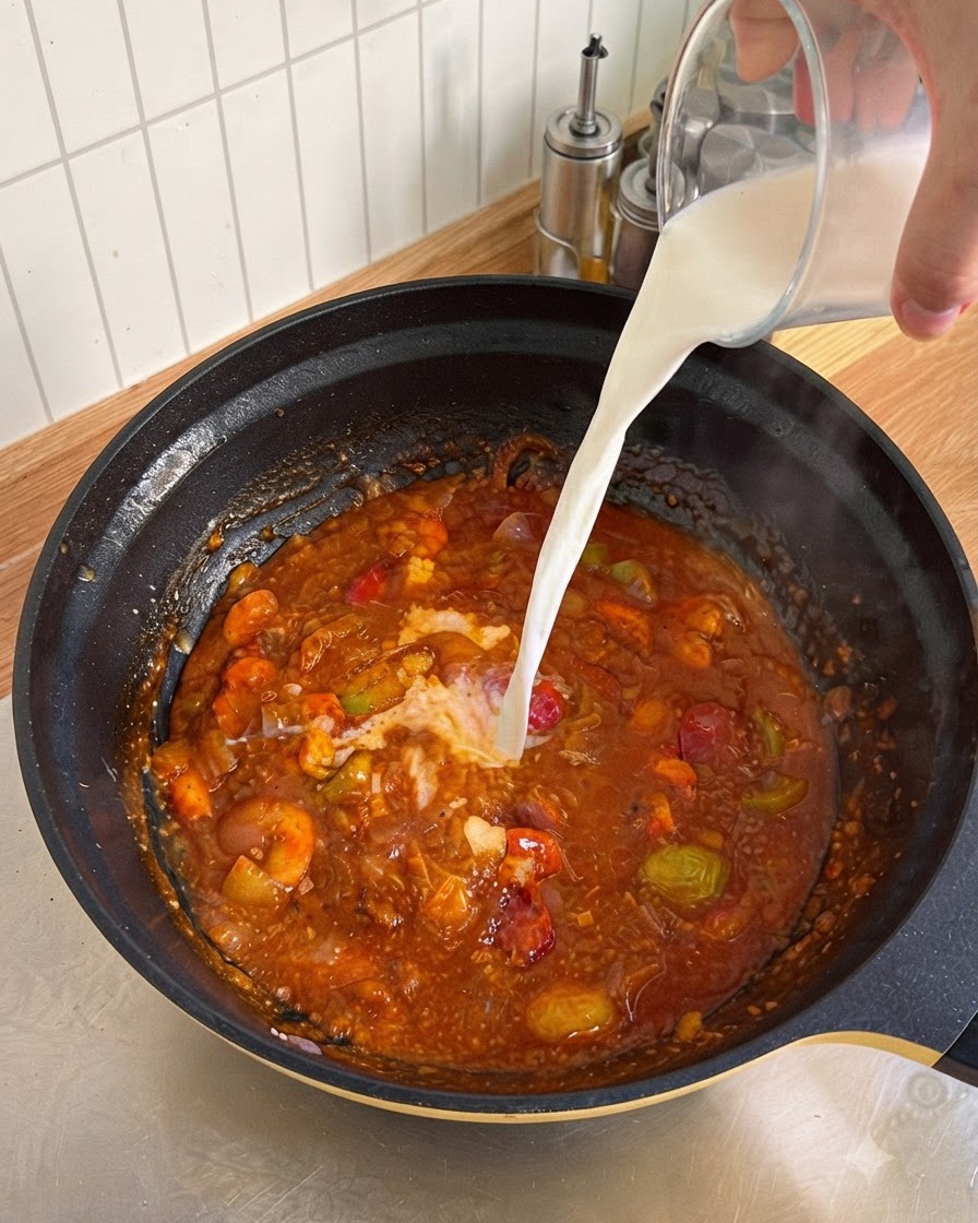Lait versé dune tasse à mesurer en verre dans une poêle de sauce tomate et de légumes mijotée.
