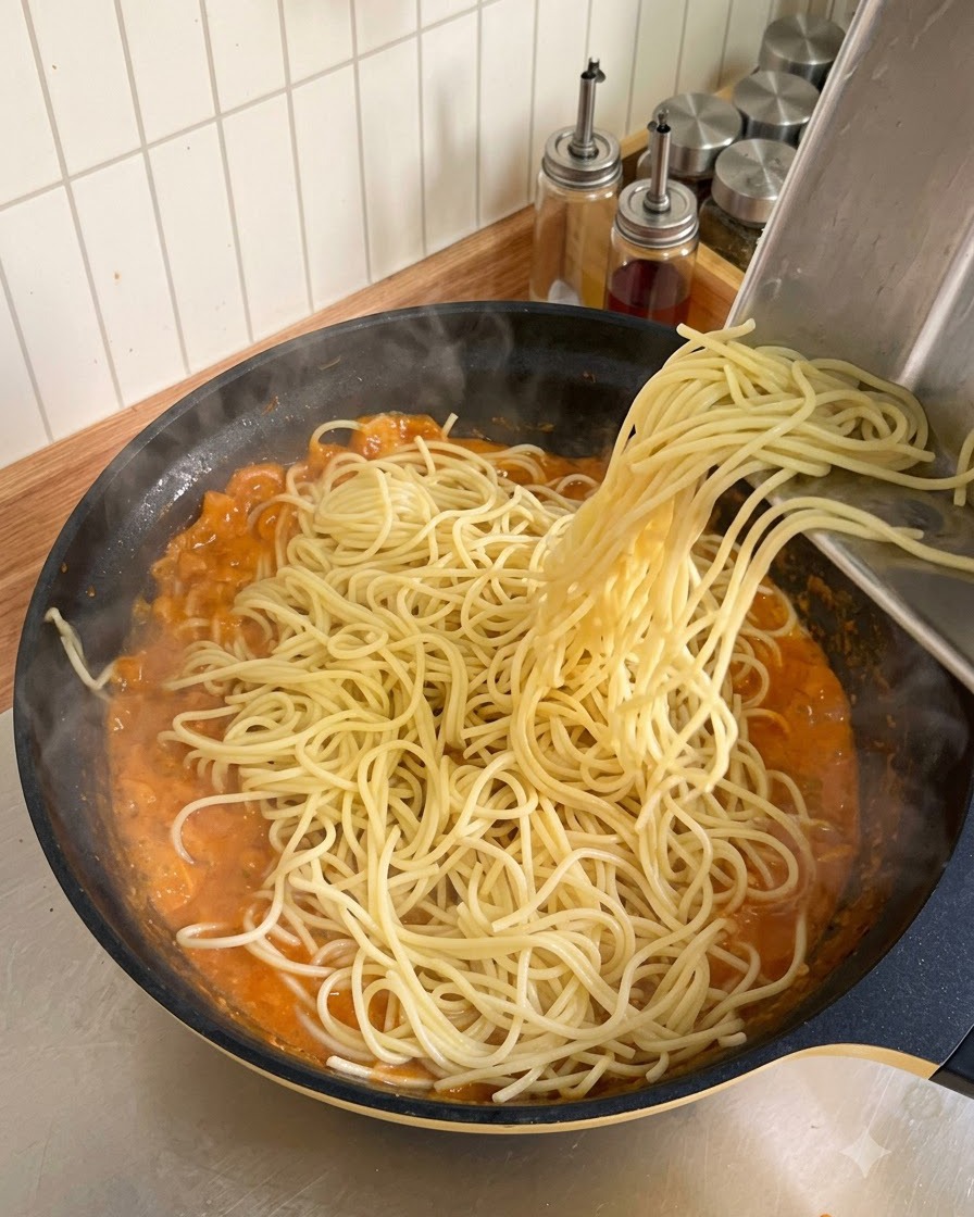 Nouilles de spaghettis bouillies glissées dun plateau en métal dans une grande poêle de sauce tomate crémeuse.