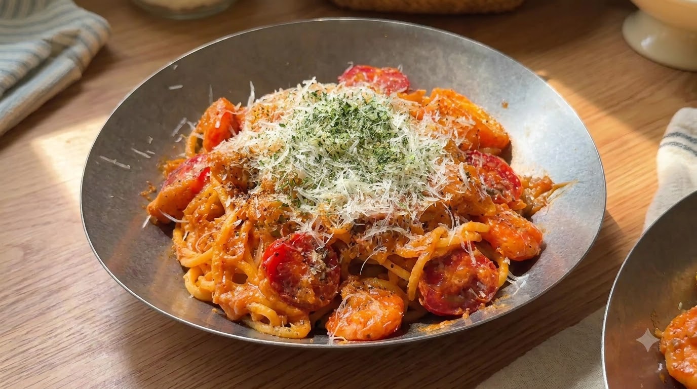 Deux bols généreux de pâtes crémeuses aux crevettes et tomates, parsemés de fromage râpé et de persil séché.