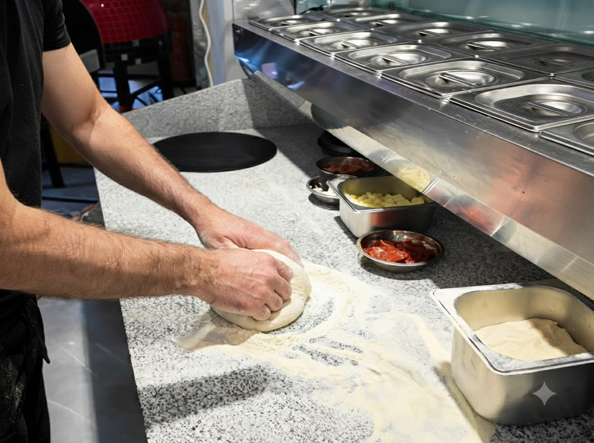 Gros plan sur des mains étirant une boule de pâte à pizza sur un plan de travail fariné.