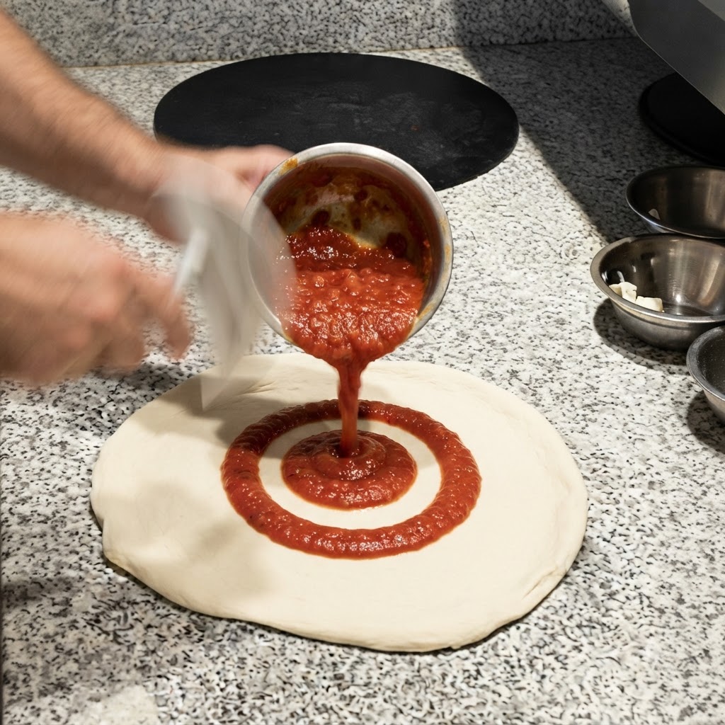 Morceaux de tomates séchées répartis en cercles sur la pâte à pizza.