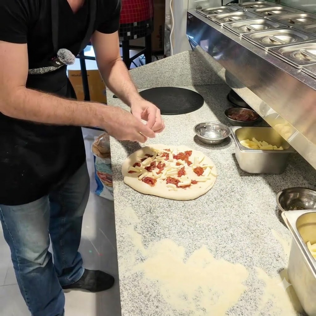 Morceaux de fromage de chèvre frais déposés à la main sur la pizza.