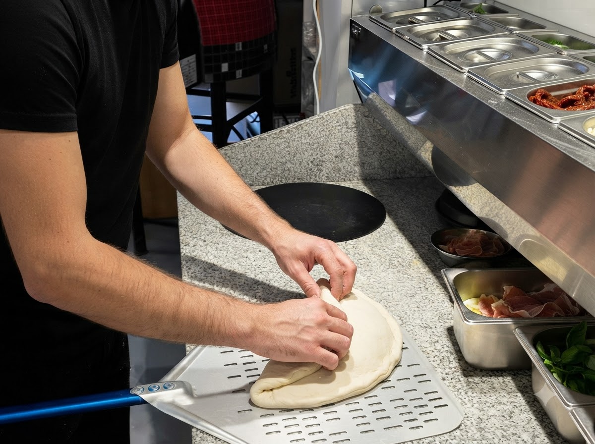 Une pizza sur une pelle métallique prête à être glissée dans un four à dôme en pierre.
