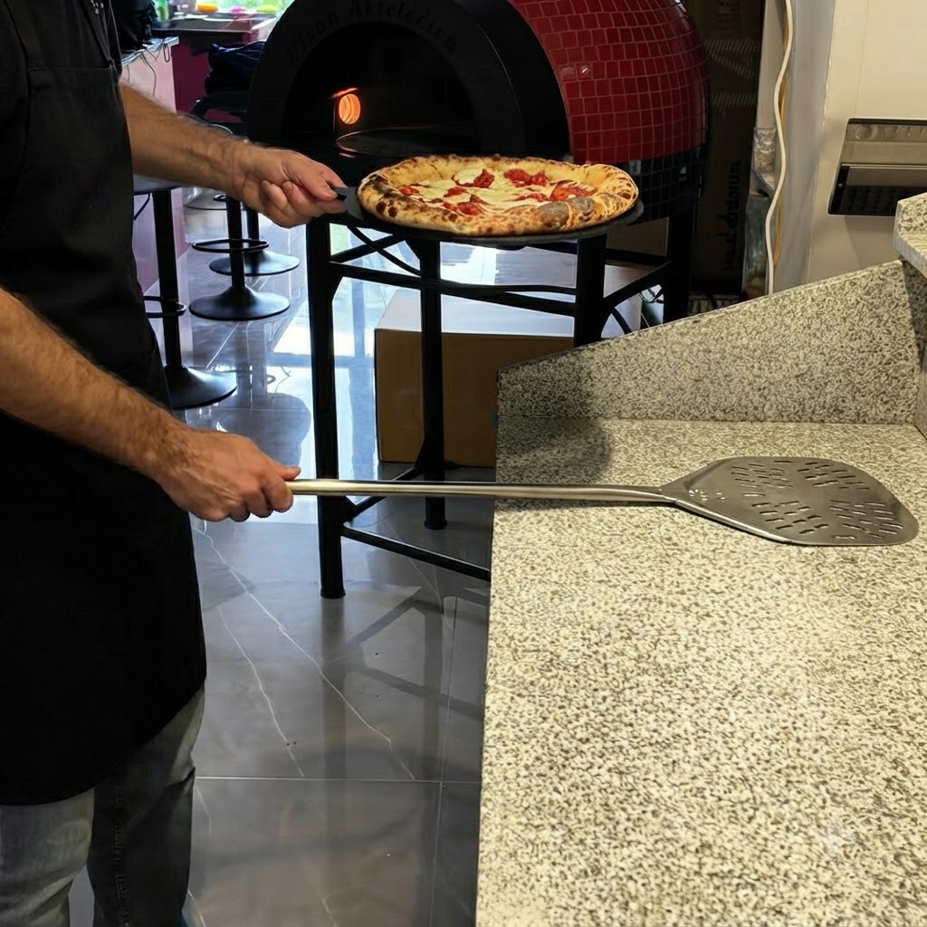 Une pizza tout juste sortie du four à côté duquel repose une pelle métallique.