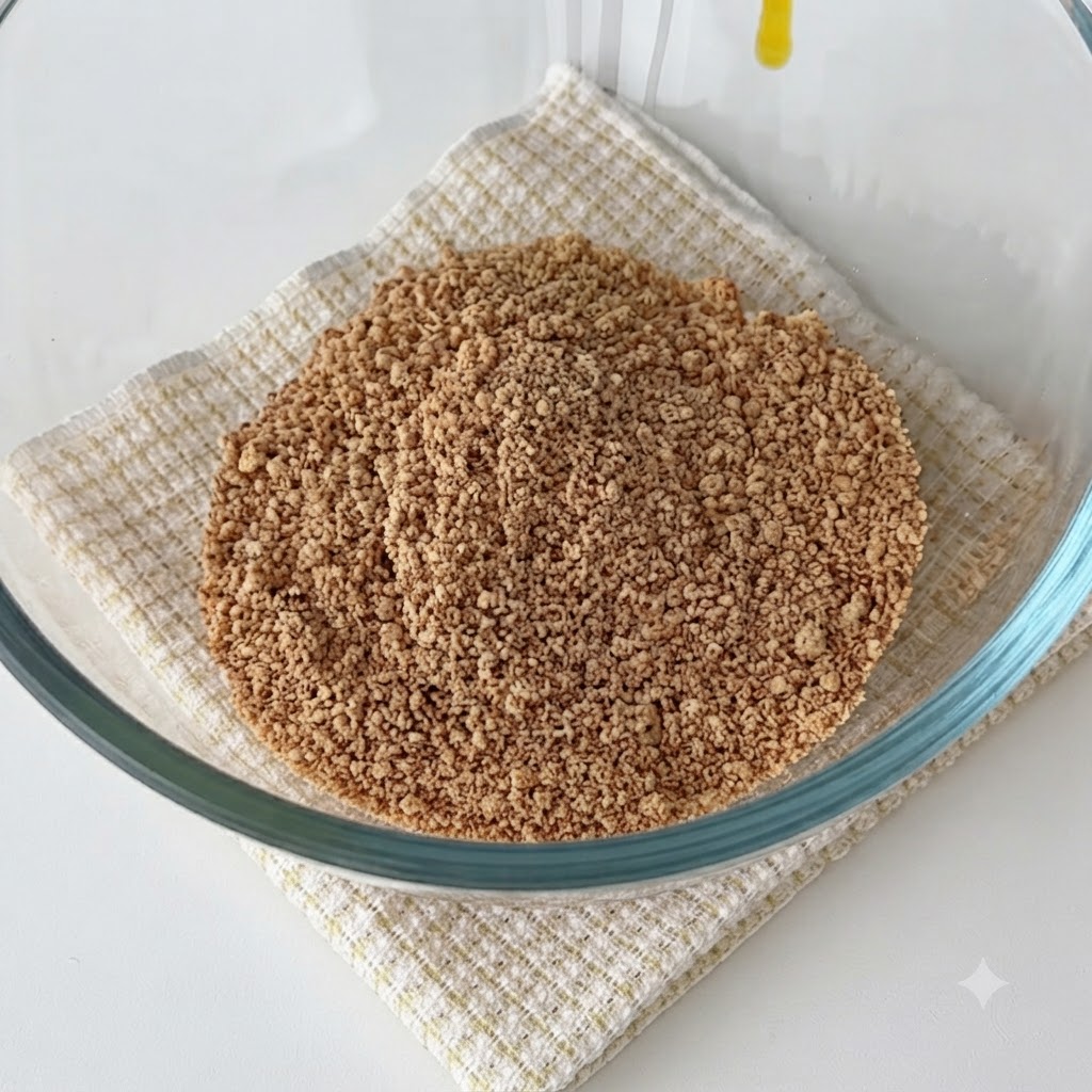 Du beurre fondu versé sur des biscuits écrasés à lintérieur dun bol en verre.