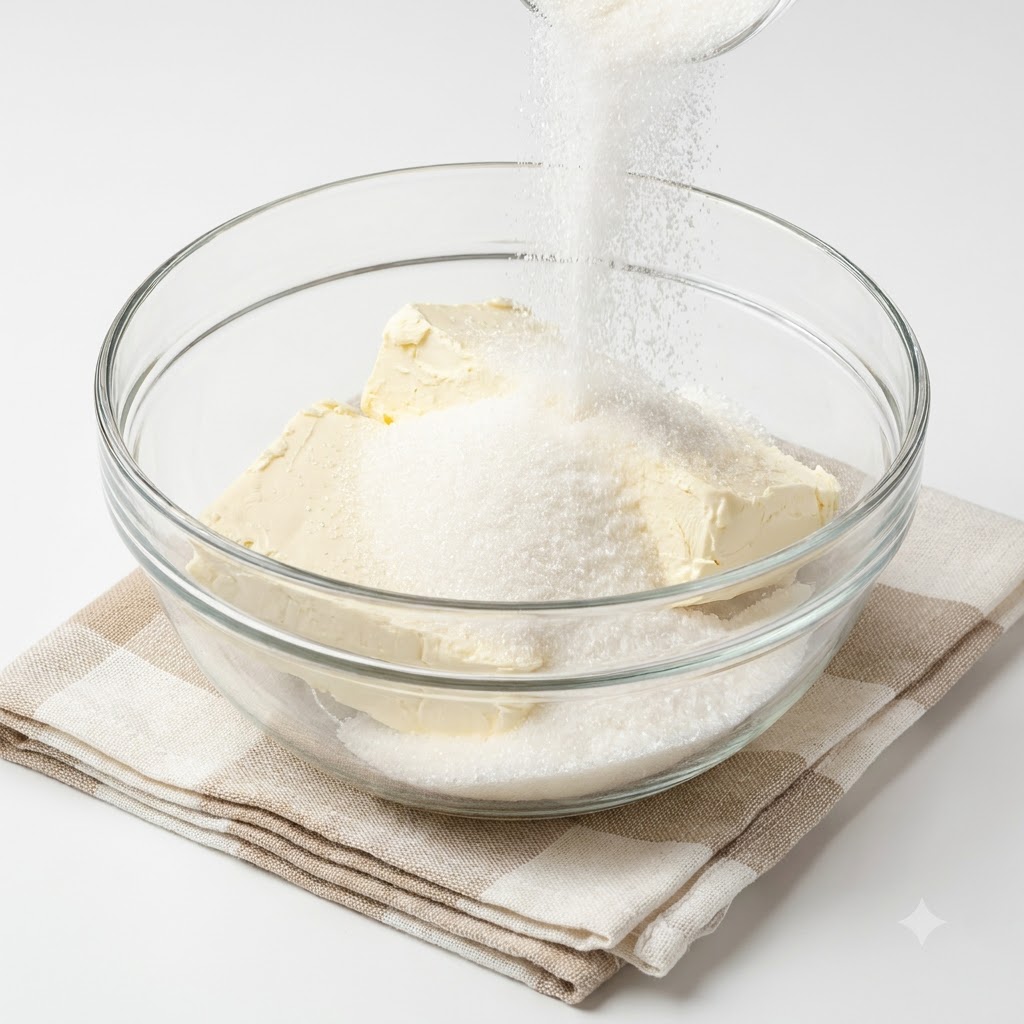 Fromage frais et sucre blanc en train dêtre mélangés dans un bol en verre.