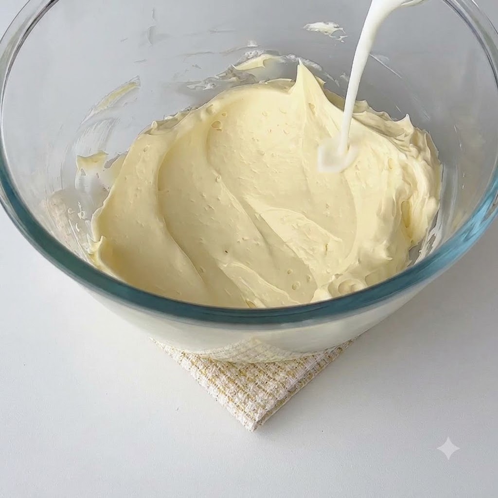 Mélange de lait et de gélatine versé dans le fromage frais lisse.