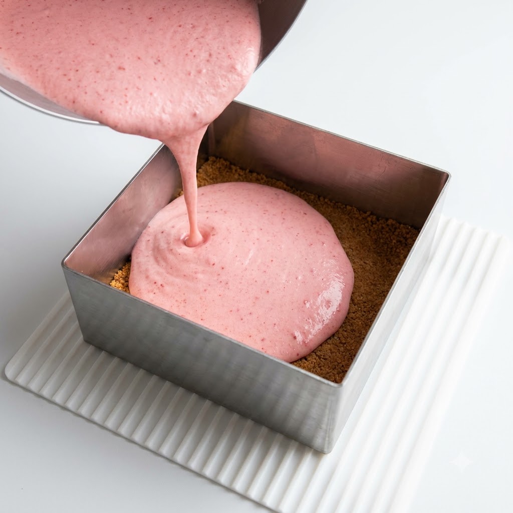 Mousse rose versée dun bol dans un cercle à gâteau carré en métal contenant une couche de biscuits écrasés.