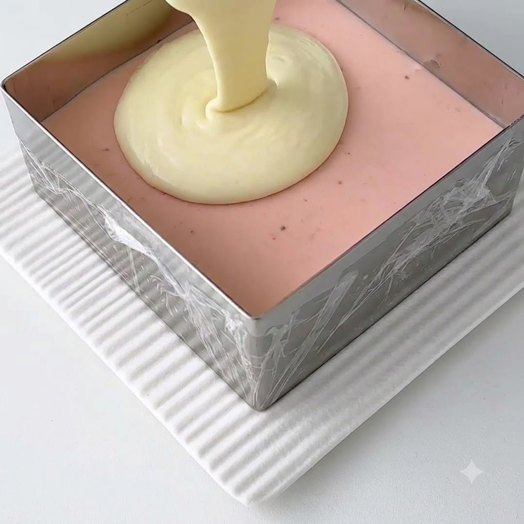 Préparation au fromage blanc versée sur la couche de mousse rose prise à lintérieur dun moule carré en métal.