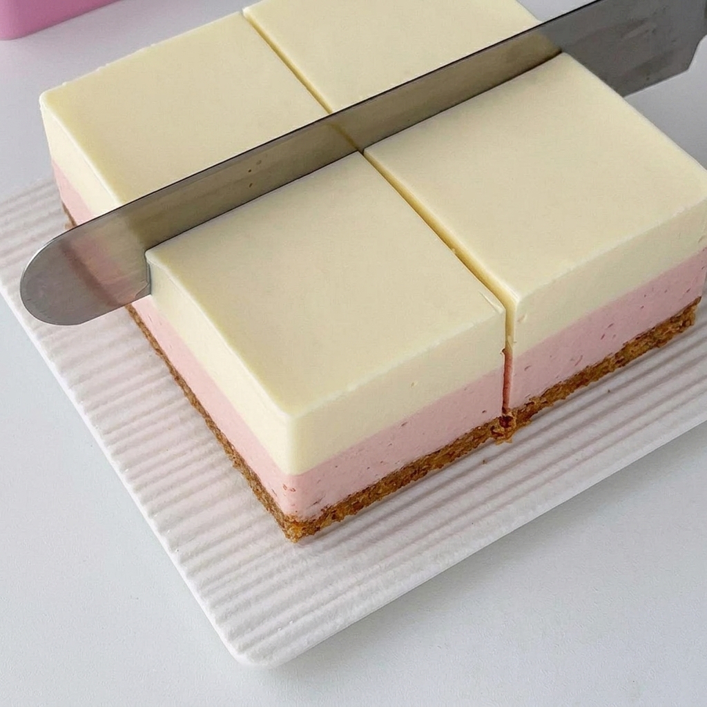 Un long couteau en métal coupant un cheesecake en couches complètement pris en carrés uniformes sur un tapis texturé blanc.