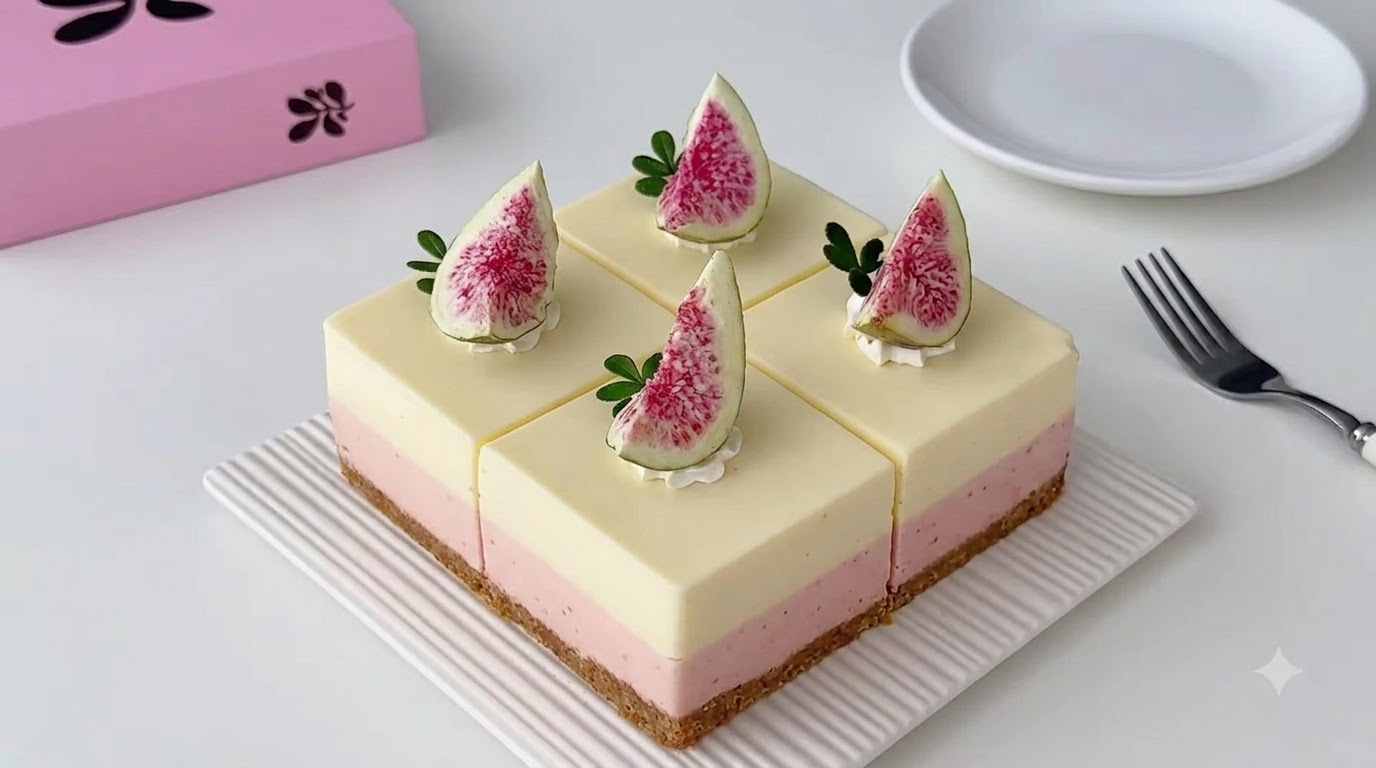 Tranches carrées de cheesecake en couches, blanches et roses, garnies de tranches de figues fraîches sur une assiette blanche croustillante.