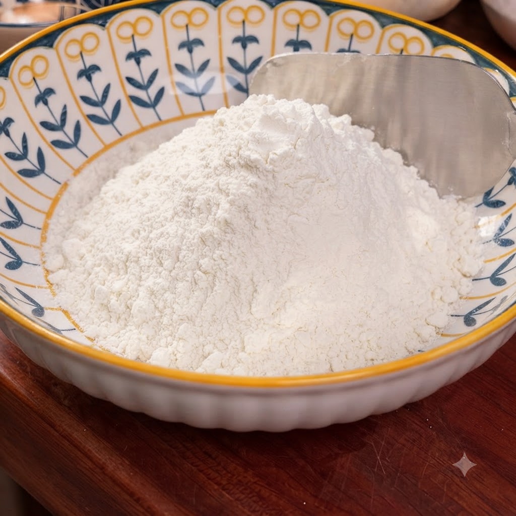 Un tas de farine blanche dans un bol décoratif avec un racloir en métal posé sur le côté.