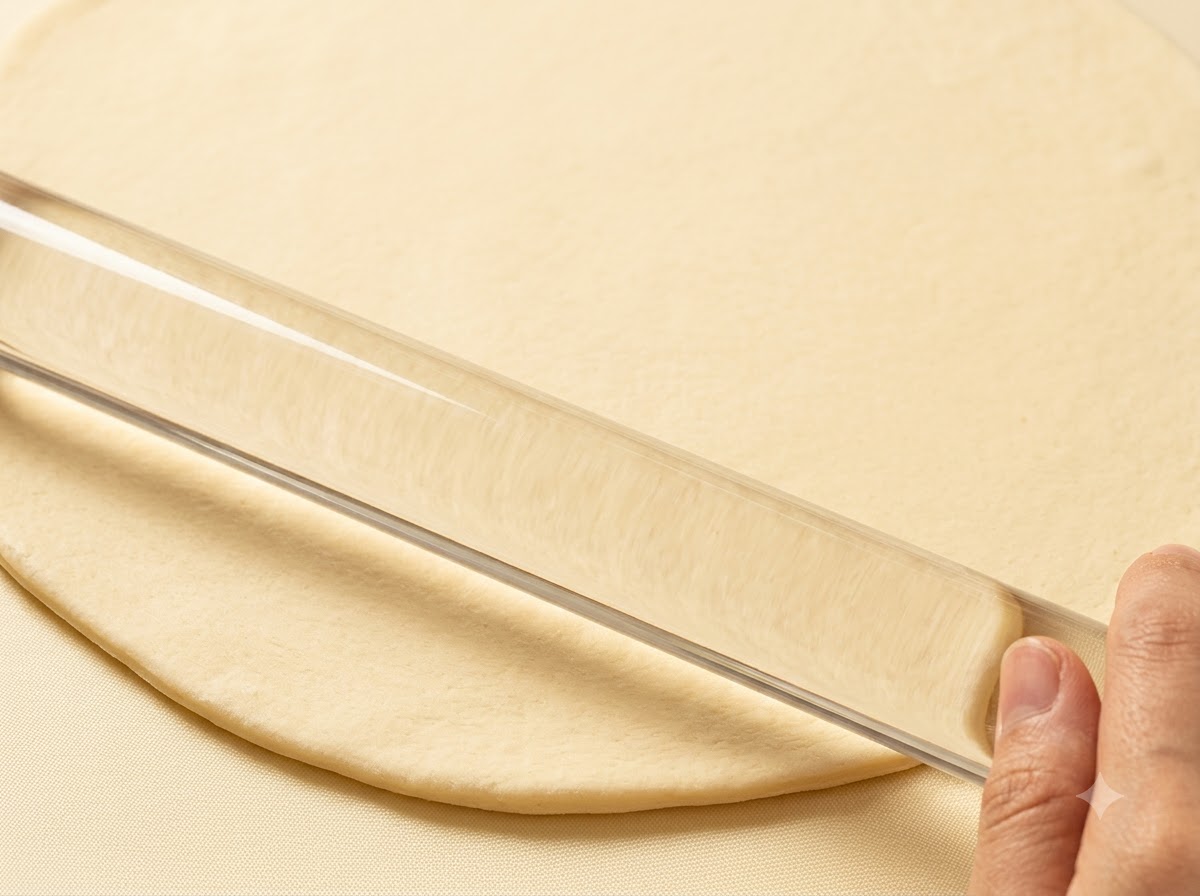Un rouleau à pâtisserie transparent aplatissant un morceau de pâte à pizza rond et lisse sur une surface propre.