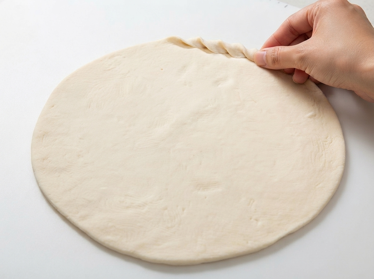 Une main pinçant et tordant le bord dune pâte à pizza ronde et plate pour former un motif sur la croûte.