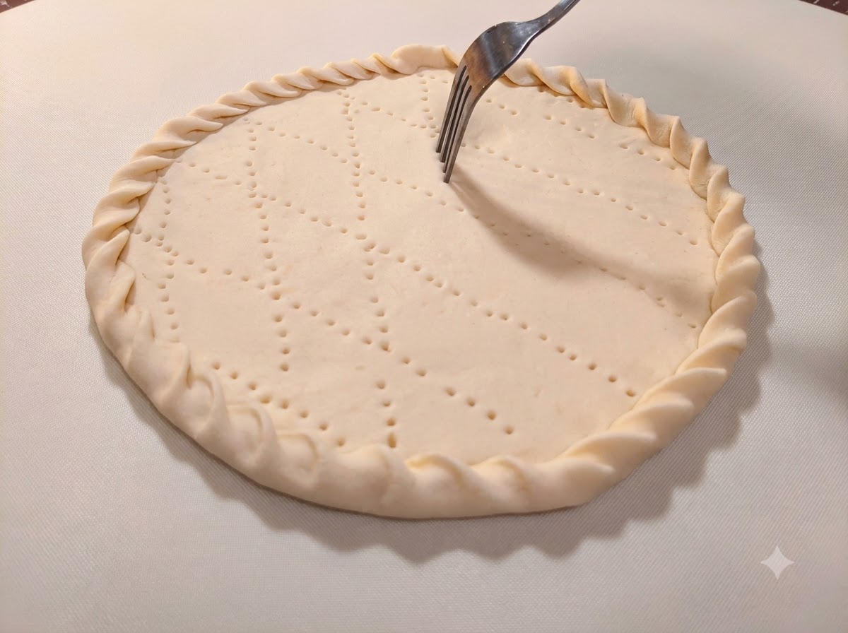 Une fourchette en métal perçant des rangées de petits trous au centre dune base de pizza façonnée.