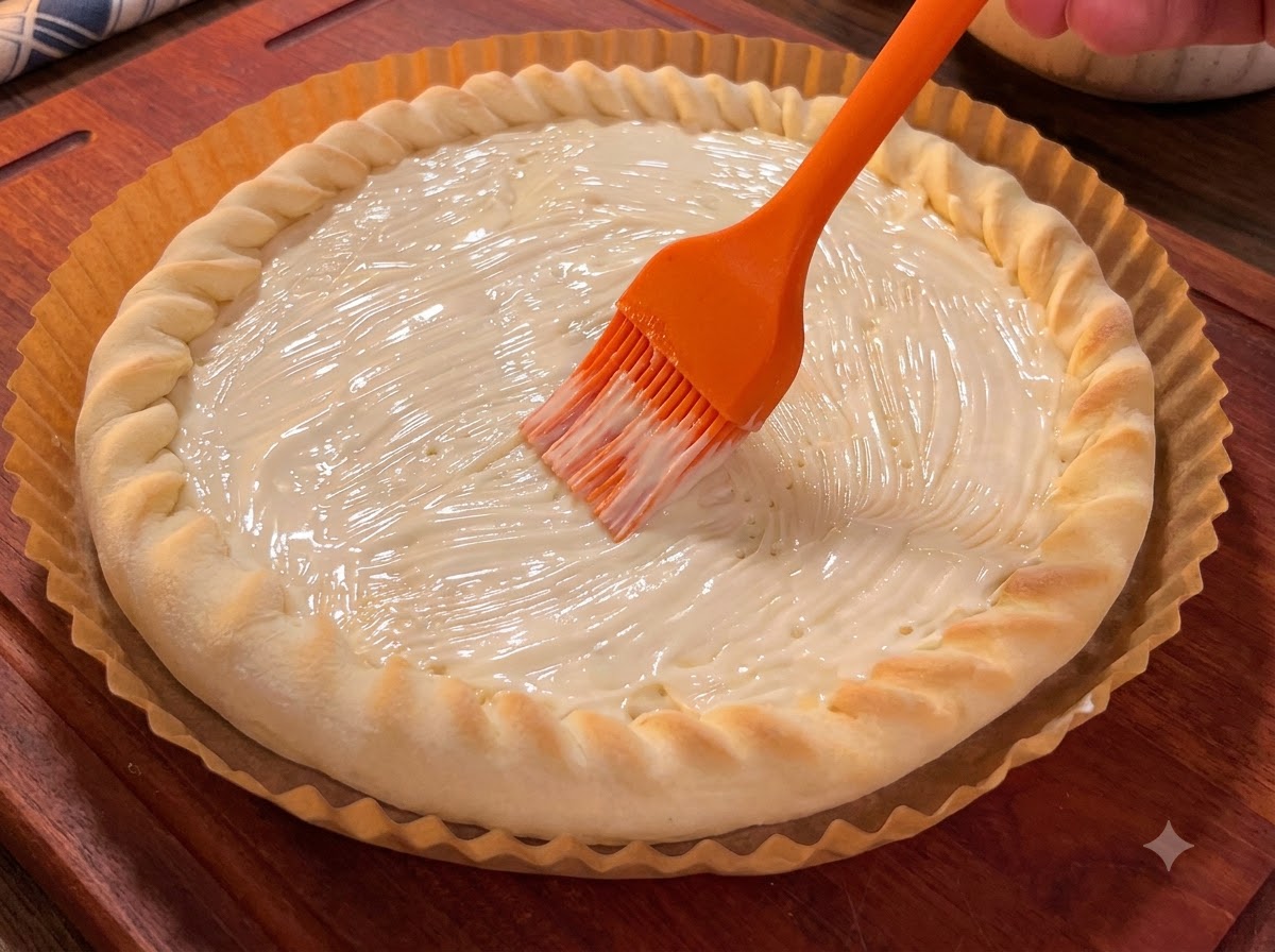 Un pinceau étalant de la sauce salade blanche uniformément sur la surface dune croûte de pizza pré-cuite.