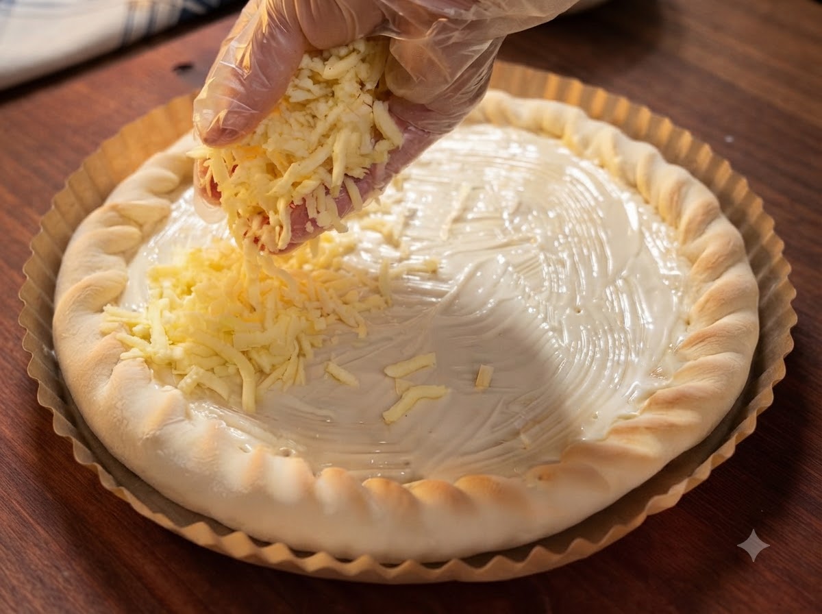 Une main gantée saupoudrant de la mozzarella râpée sur la base de pizza recouverte de sauce.