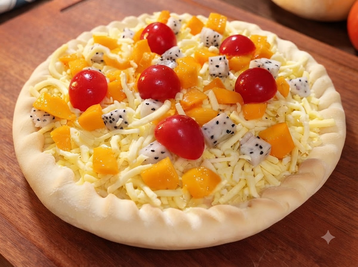 Une pizza recouverte dune épaisse couche de mozzarella râpée par-dessus les fruits, prête à être cuite.