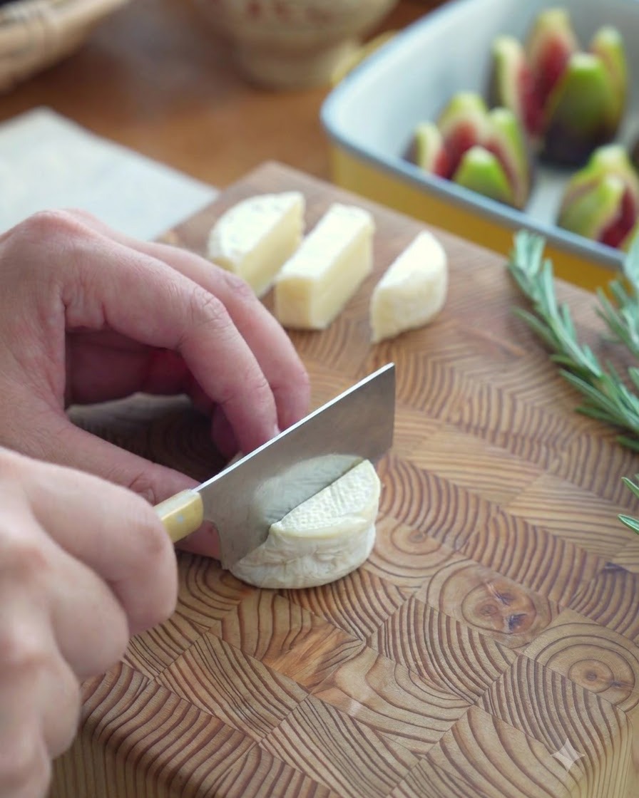 Un couteau de cuisine coupant une petite meule de brie sur une planche en bois.