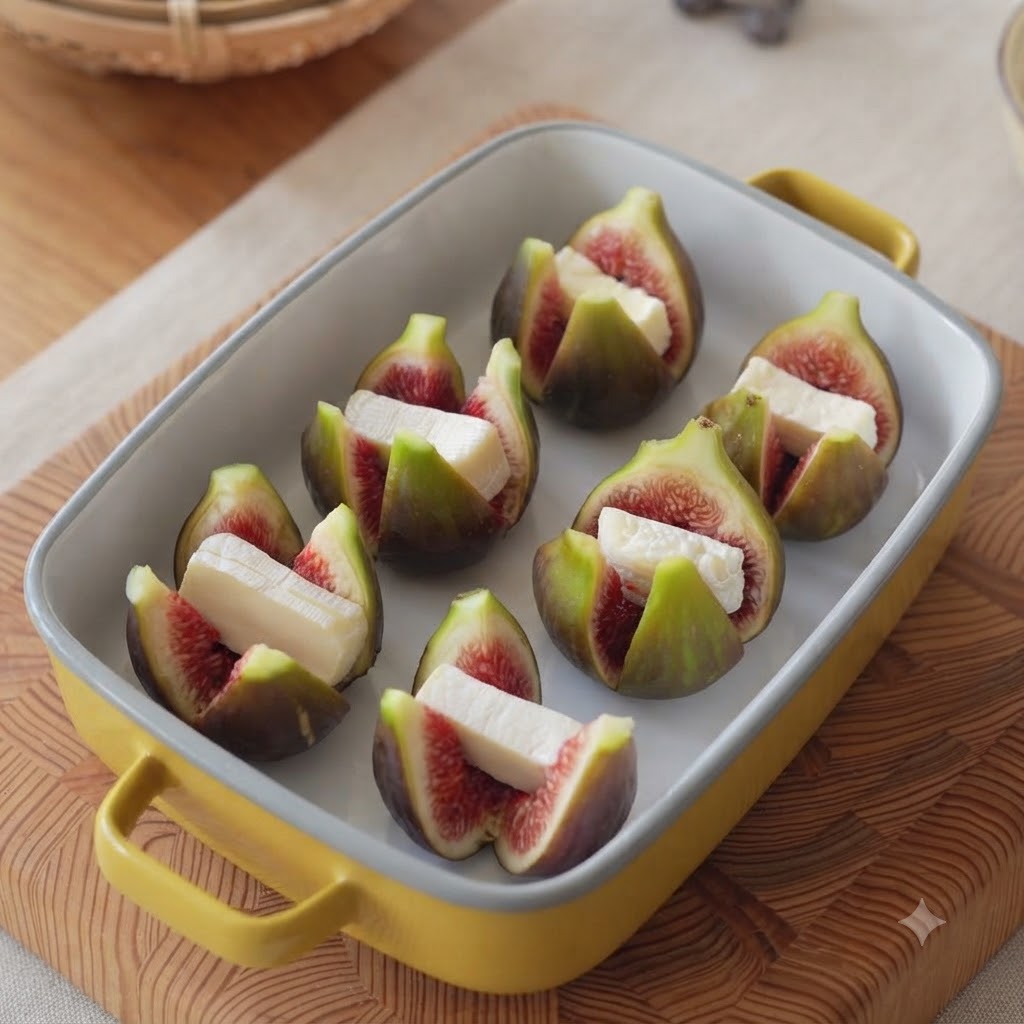 Des figues farcies disposées dans un plat à gratin avec des noix concassées par-dessus.