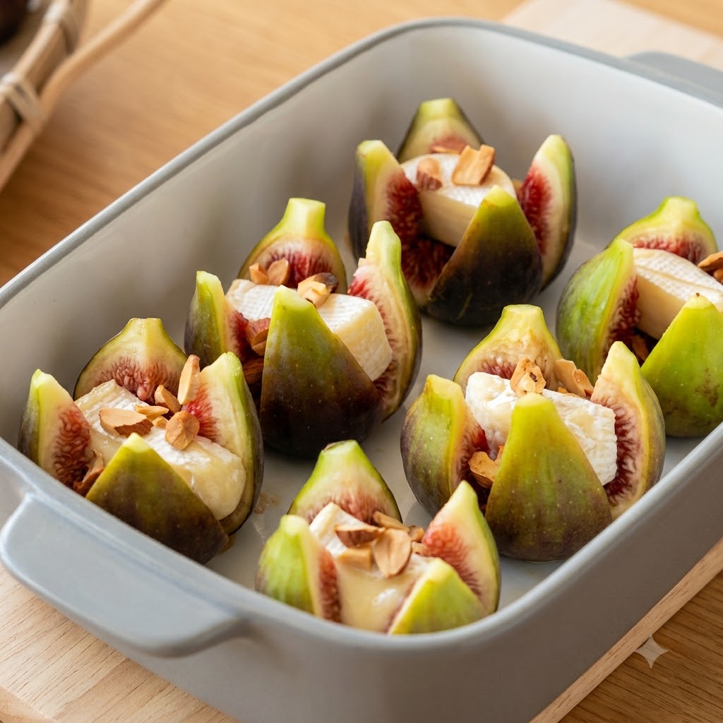 Des figues farcies surmontées de morceaux de jambon et de brins de romarin vert dans un plat.