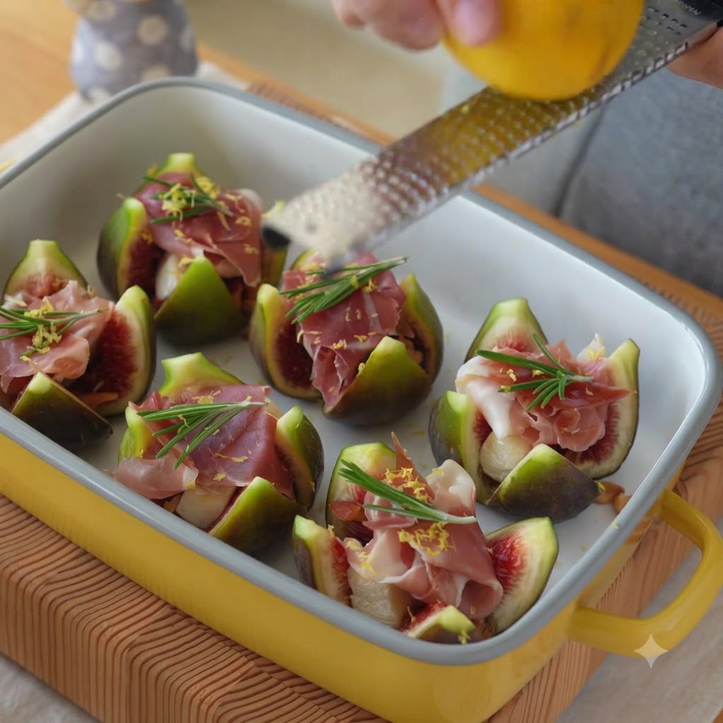 Du miel doré versé en filet sur le plat de figues farcies et de prosciutto.