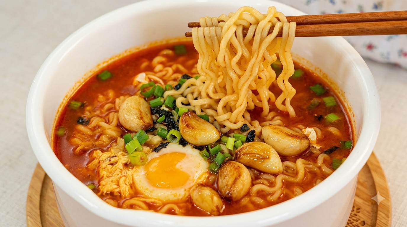 Un bol réconfortant de ramen coréen épicé garni dail rôti tendre, doignons verts et dun œuf parfaitement cuit.