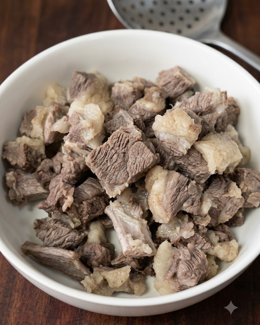 Morceaux de bœuf blanchis rassemblés dans un bol blanc avec une écumoire posée au-dessus.