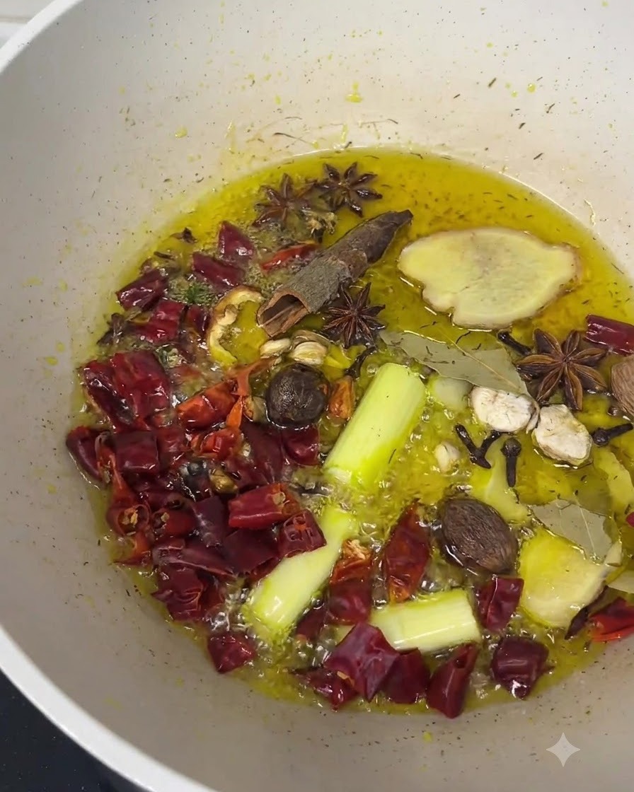 Tranches de gingembre, ciboule, anis étoilé et piments rouges séchés grésillant dans de lhuile chaude.