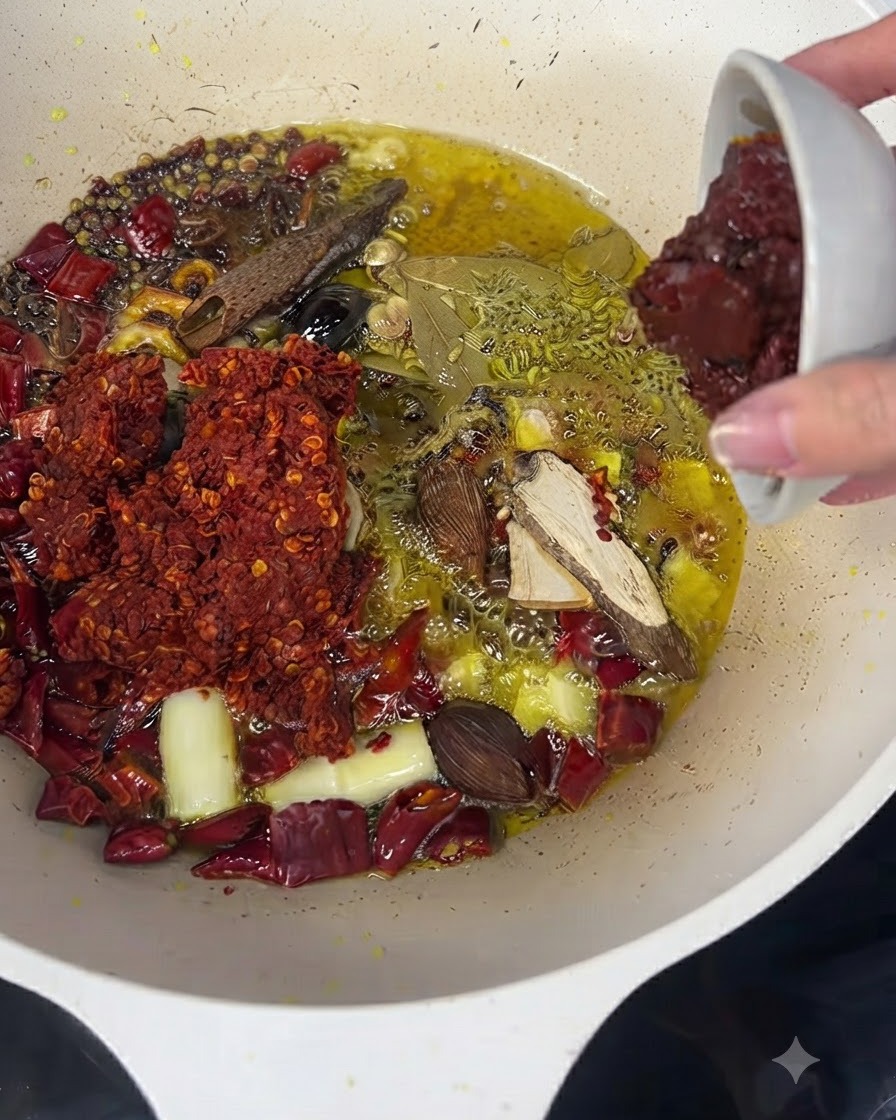 Pâte doubanjiang rouge foncé versée dun petit bol blanc dans les épices en train de frire.