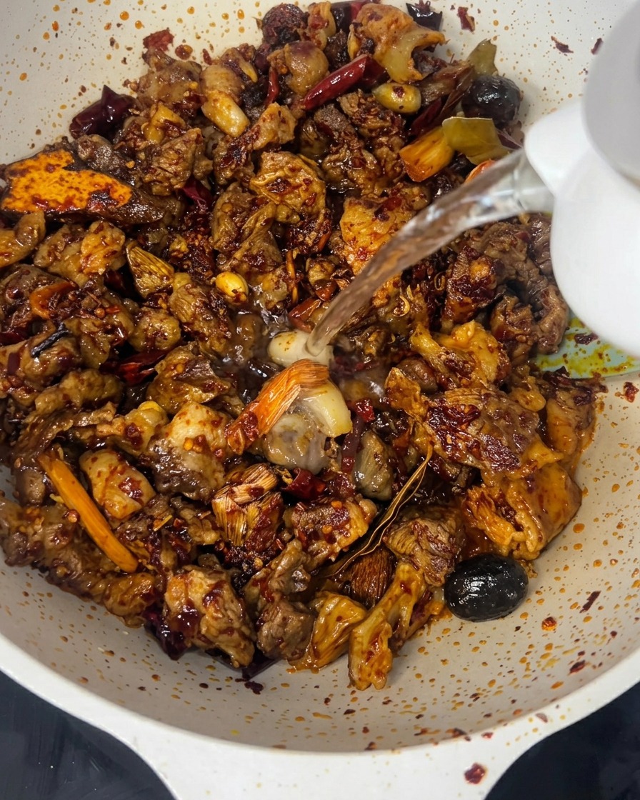 Une bouilloire versant de leau bouillante dans un wok rempli de bœuf assaisonné et dépices.