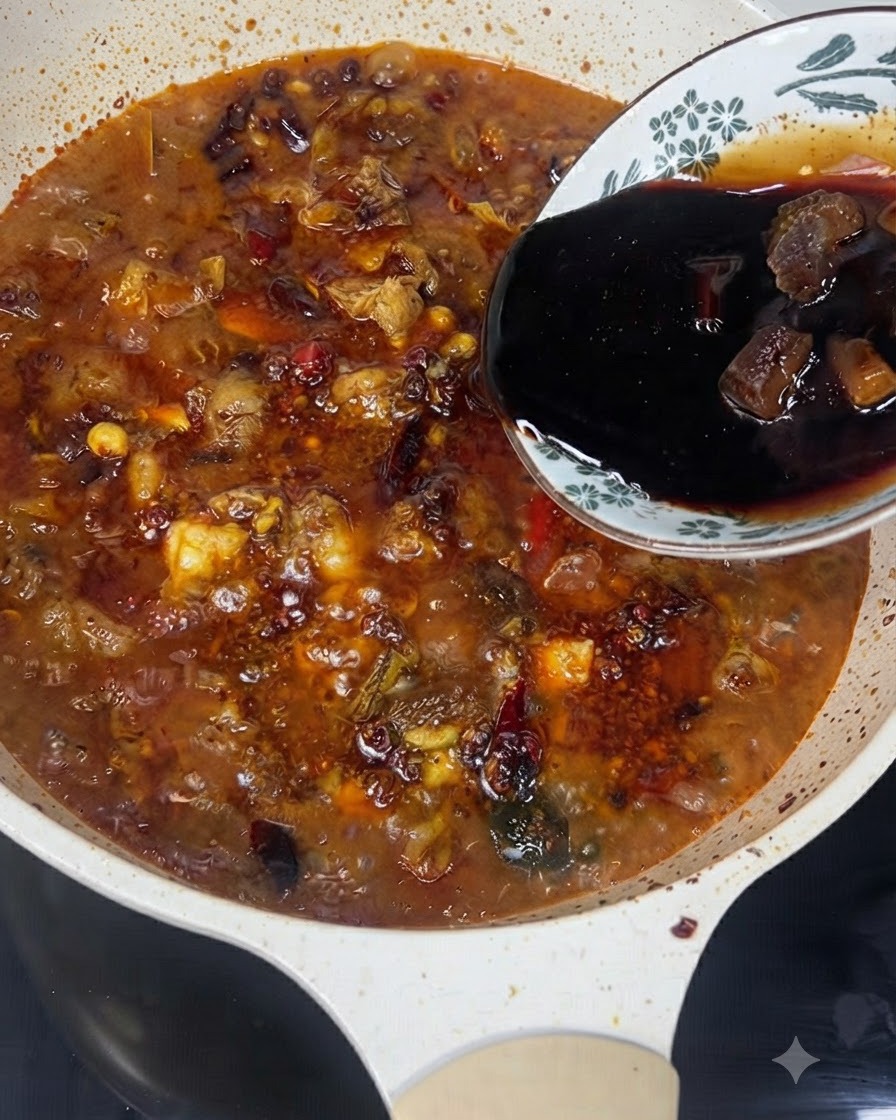 Un bol à motifs versant des assaisonnements liquides foncés dans une cocotte de bouillon de bœuf frémissant.