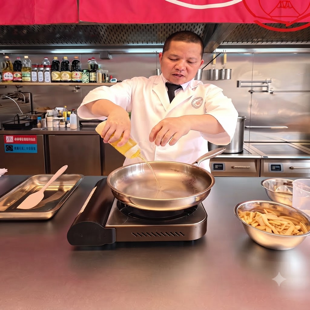 De lhuile versée dans une poêle à côté dun bol de pousses de bambou crues dans une cuisine professionnelle.
