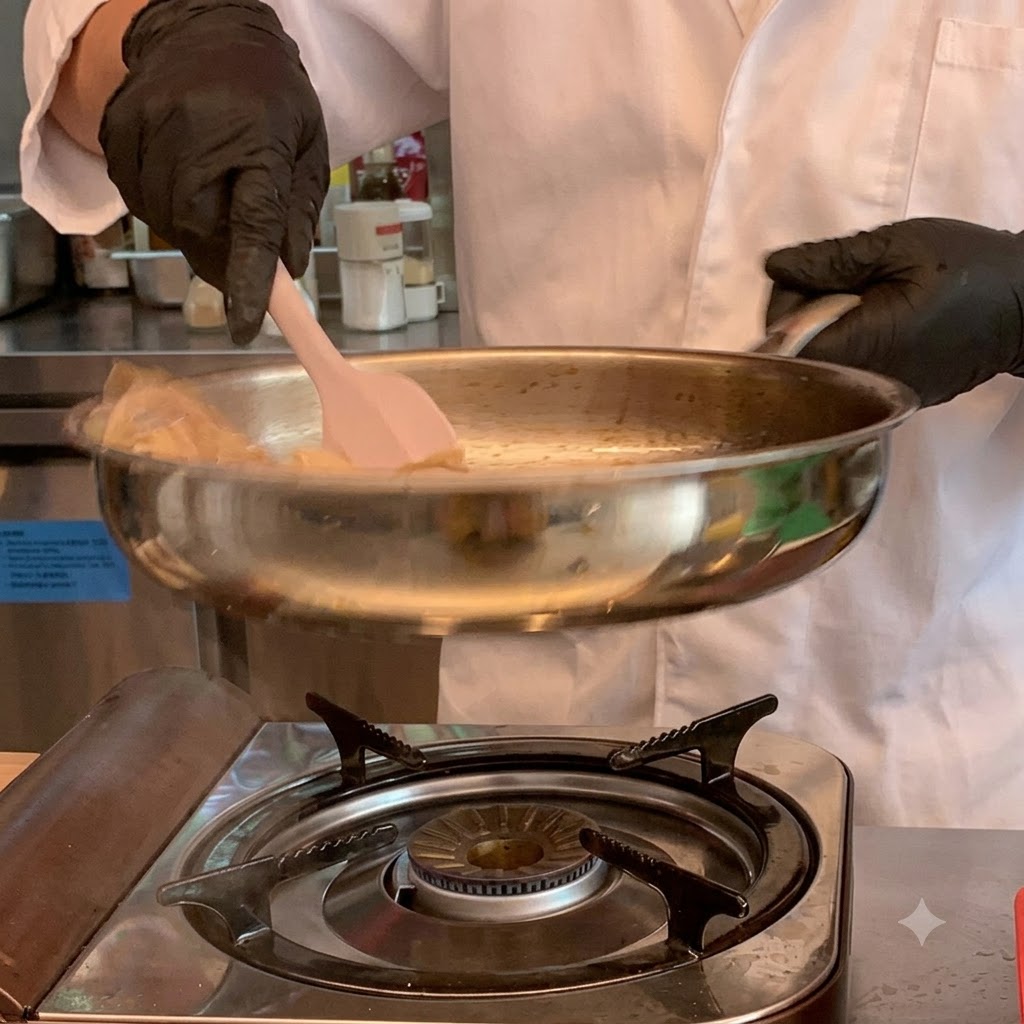 De la sauce soja foncée ajoutée sur des pousses de bambou cuisant dans une poêle sur un brûleur à gaz.