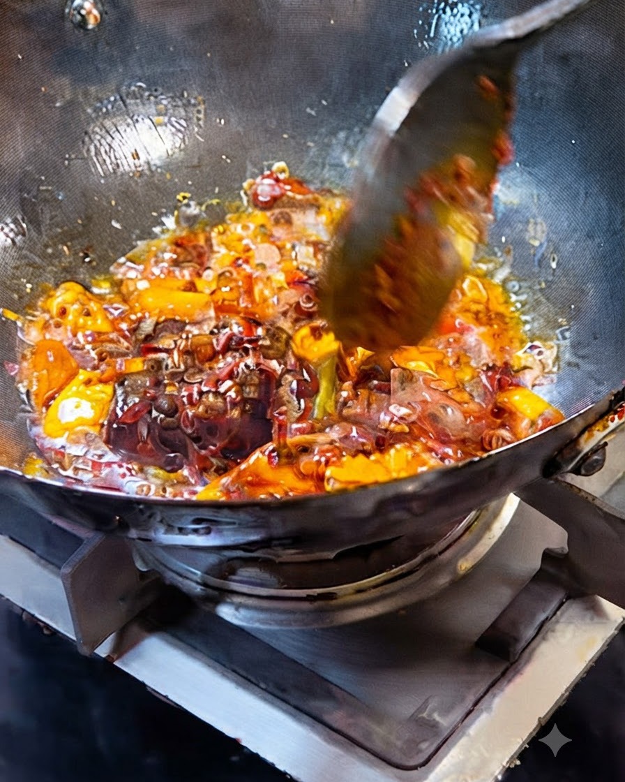 Pâte de piment, assaisonnement pour fondue et aromates grésillant dans lhuile à lintérieur dun wok.