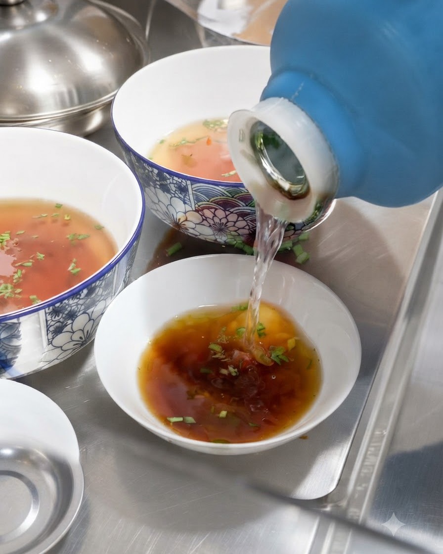 De leau chaude versée dun thermos bleu dans un bol blanc rempli de sauce soja et doignons verts hachés.