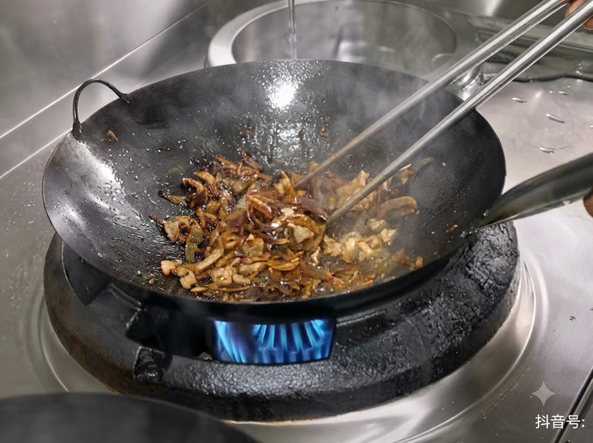 De leau versée dans un wok noir rempli de viande sautée et de morceaux de pousses de bambou sur une flamme.
