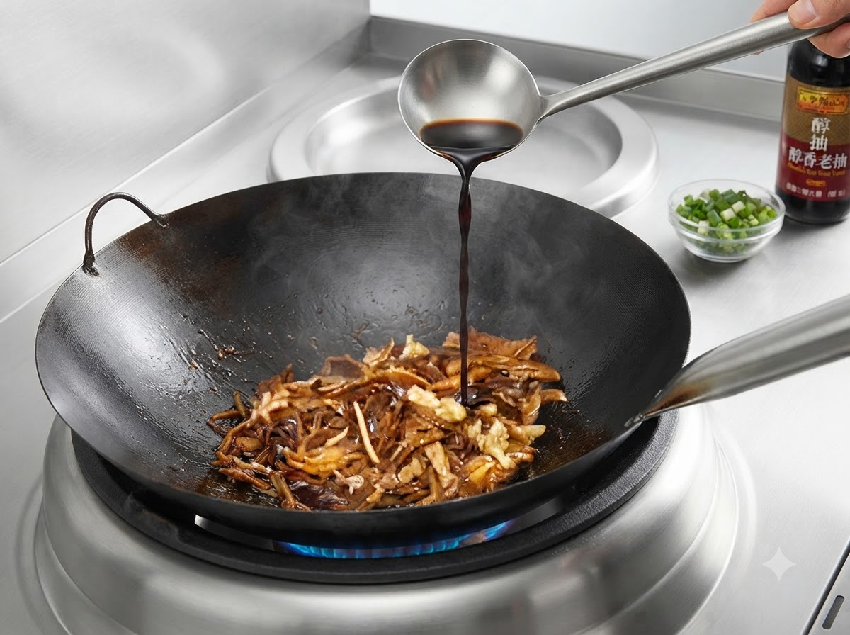 De la sauce soja noire versée dune louche en métal dans un wok avec de la viande braisée et des pousses de bambou.