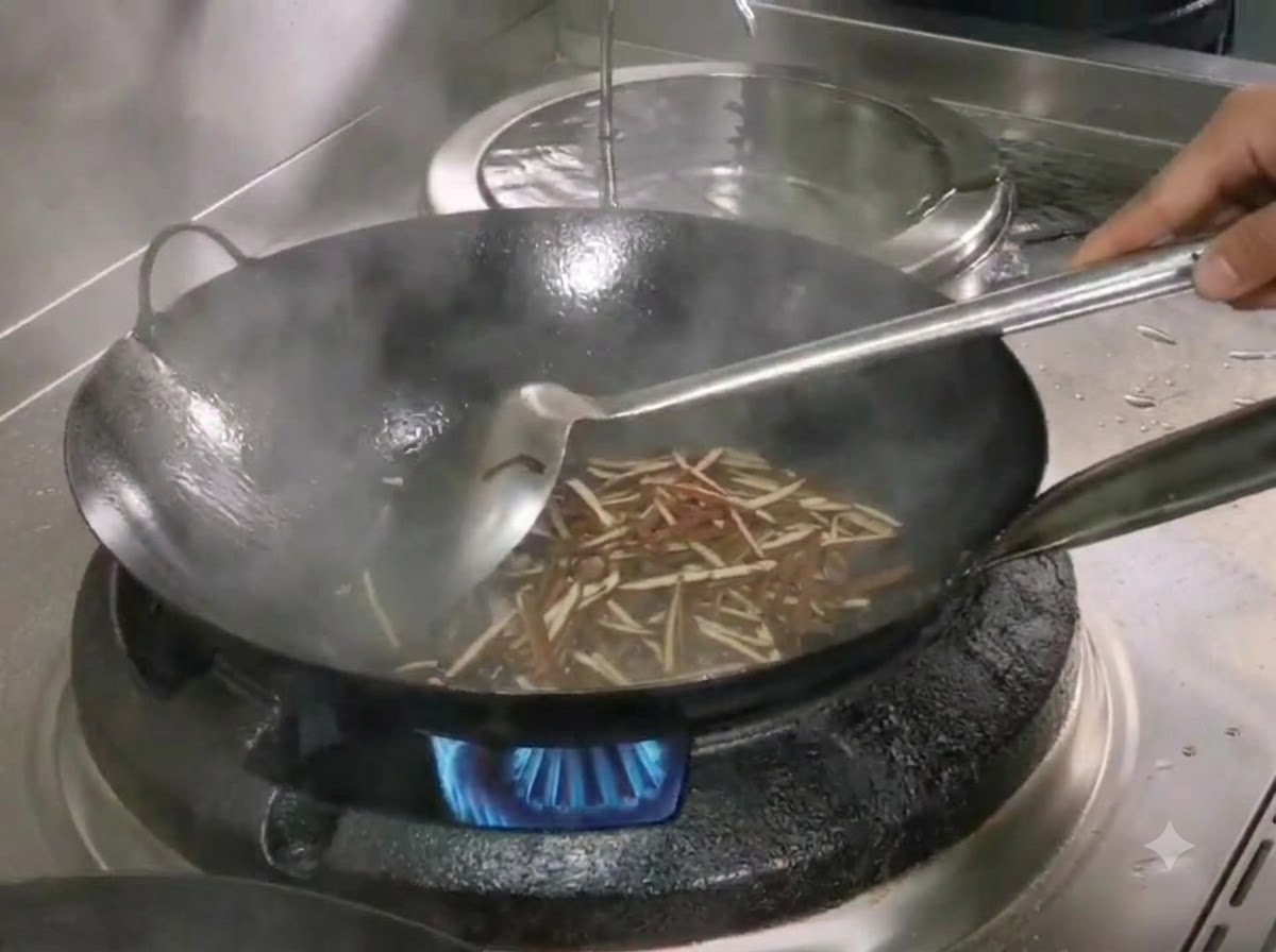 Des lanières de pousses de bambou séchées sautées dans un wok noir à laide dune spatule en métal.