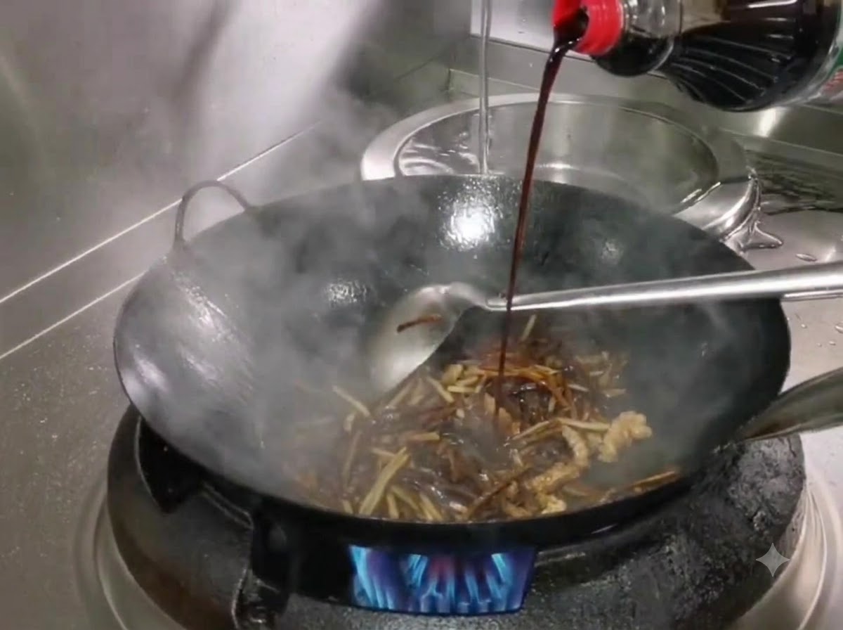 De la sauce soja claire versée dune bouteille dans un wok fumant avec des pousses de bambou et de la viande.