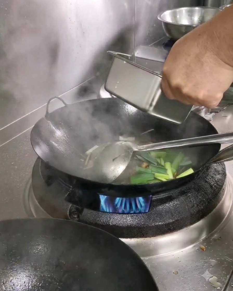 De leau damidon versée dun petit récipient dans le wok pour épaissir la sauce.