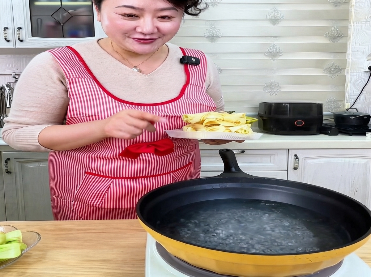 Des nouilles de blé larges séchées plongées dans une casserole deau bouillante.