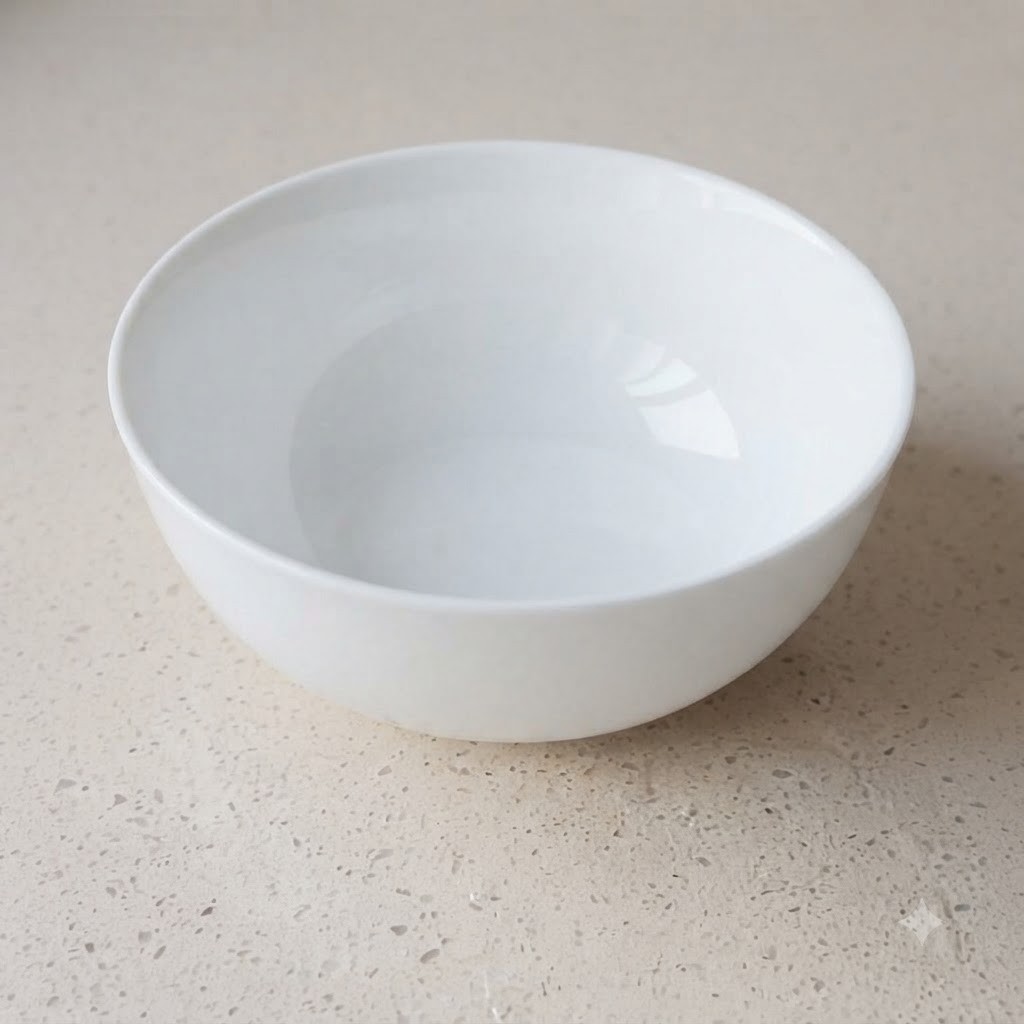 Une cuillère en métal ajoutant une pincée de sel au centre dun bol de service blanc.
