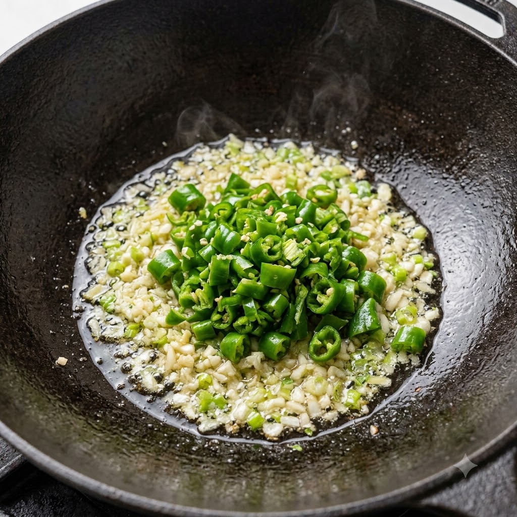 Piments verts, ail et oignons verts finement hachés grésillant dans lhuile chaude dans un wok en fonte noire.